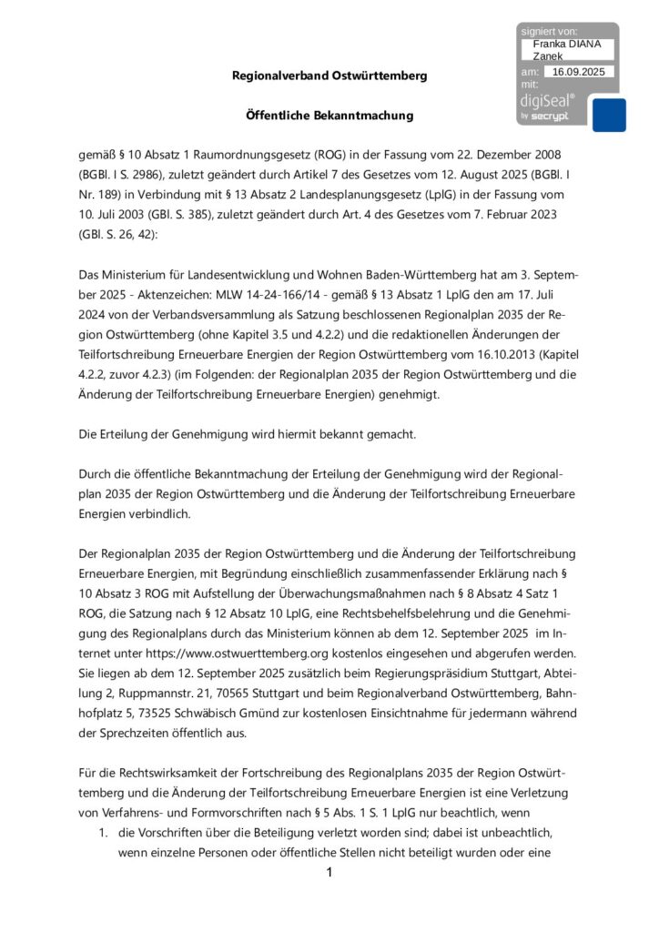 13.09.2025: Öffentliche Bekanntmachung über die Genehmigung des Regionalplans 2035